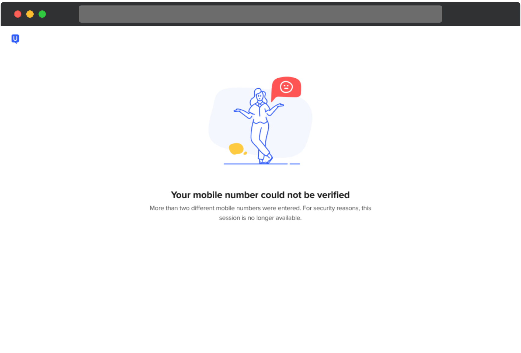UserTesting-Fehlerbildschirm, der anzeigt, dass die Handynummer nicht verifiziert werden konnte. Die Nachricht erklärt, dass mehr als zwei verschiedene Nummern eingegeben wurden und die Sitzung aus Sicherheitsgründen nicht mehr verfügbar ist.