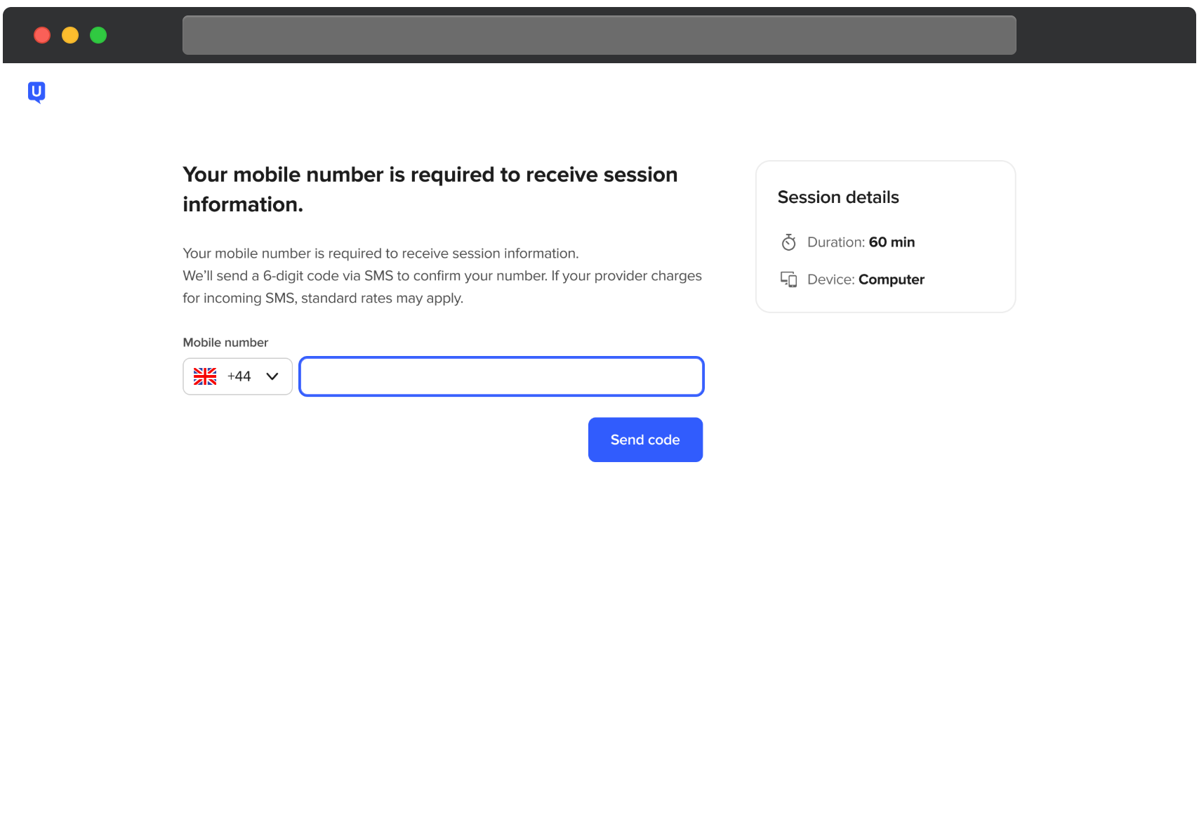 UserTesting-skärm som visar att ett mobilnummer krävs för att ta emot sessionsinformation. Sidan förklarar att en sexsiffrig kod kommer att skickas via SMS för att bekräfta numret. Ett fält visas för att ange mobilnummer med en landskodsväljare, och en knapp för att skicka koden visas nedanför. En sidopanel visar sessionsdetaljer inklusive en varaktighet på 60 minuter och krav på dator som enhet.