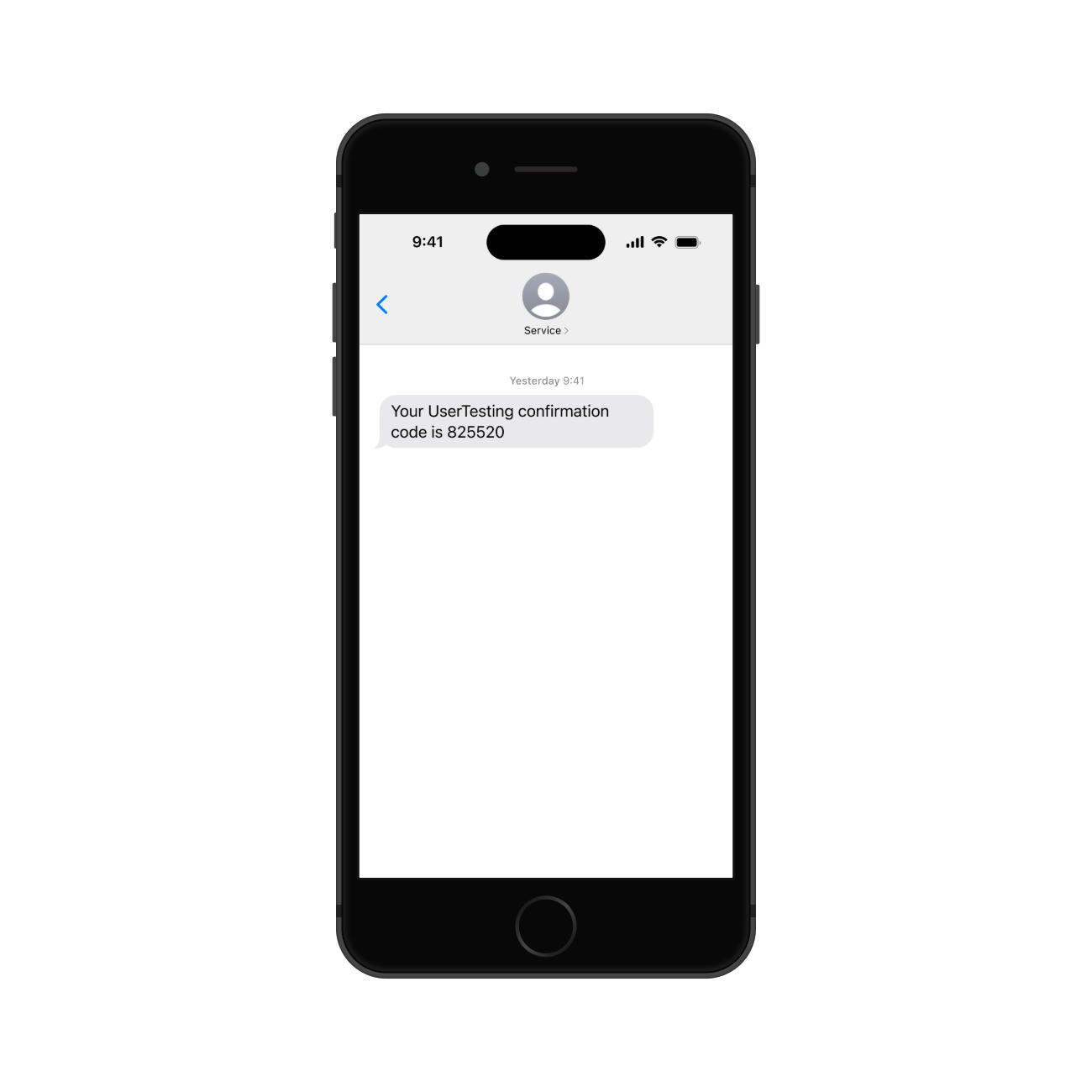 Mobilskärm som visar ett textmeddelande med en UserTesting bekräftelsekod. Meddelandet visar att bekräftelsekoden är 825520.