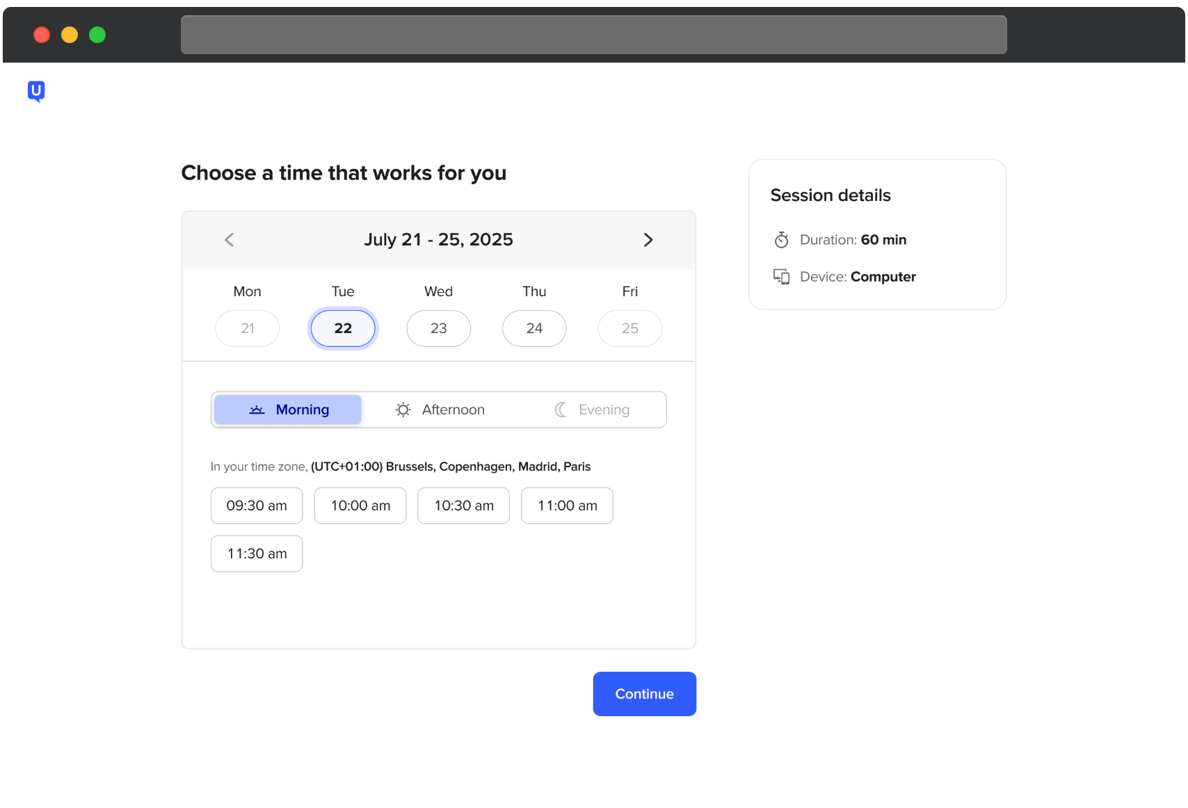 UserTestings schemavy som uppmanar deltagaren att välja en tid för en Live Conversation. En kalender visar datum med ett redan valt. Tidsalternativ visas för morgonen i deltagarens tidszon. En Fortsätt-knapp visas längst ner och en sidopanel visar sessionsdetaljer inklusive 60 minuters varaktighet och krav på dator som enhet.