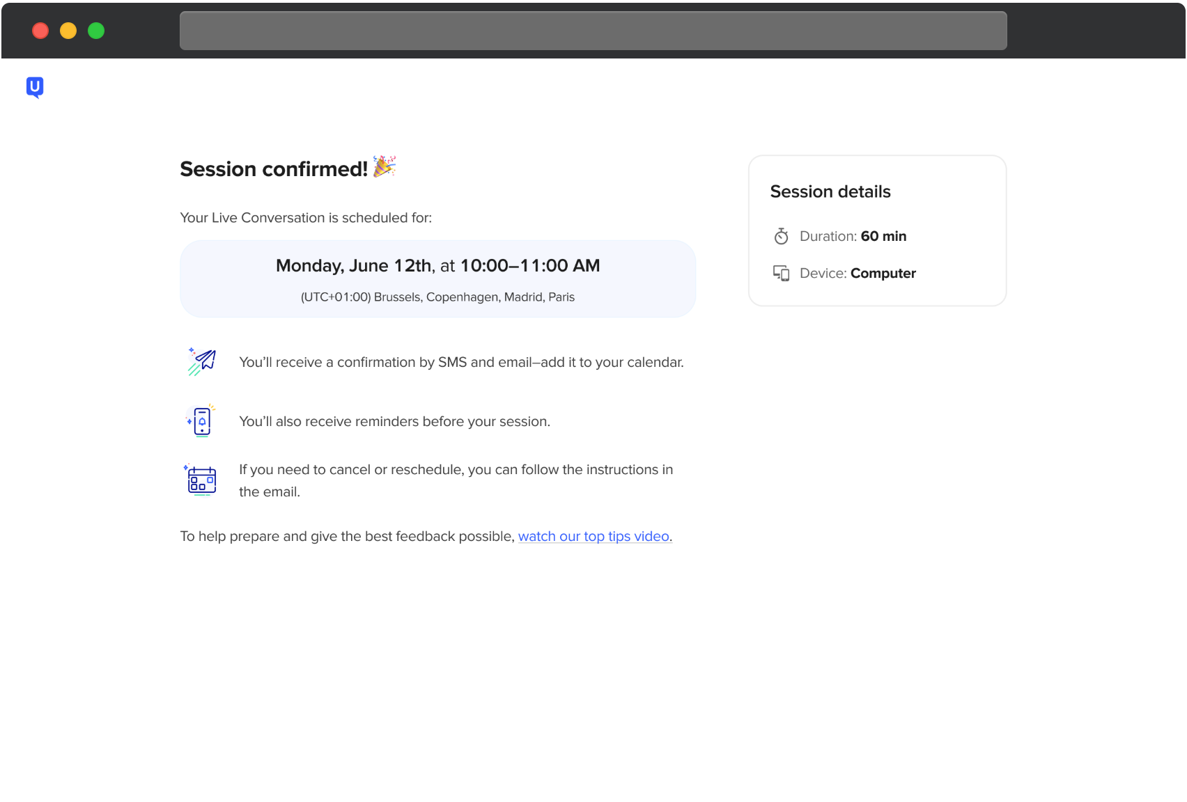 UserTesting bekräftelseskärm som visar att en Livekonversation har bokats framgångsrikt. Den valda tiden visas i deltagarens tidszon. Sidan noterar att bekräftelse och påminnelser skickas via SMS och e-post, samt ger instruktioner för att avboka eller boka om. En sidopanel visar sessionsdetaljer inklusive 60 minuters varaktighet och krav på dator.