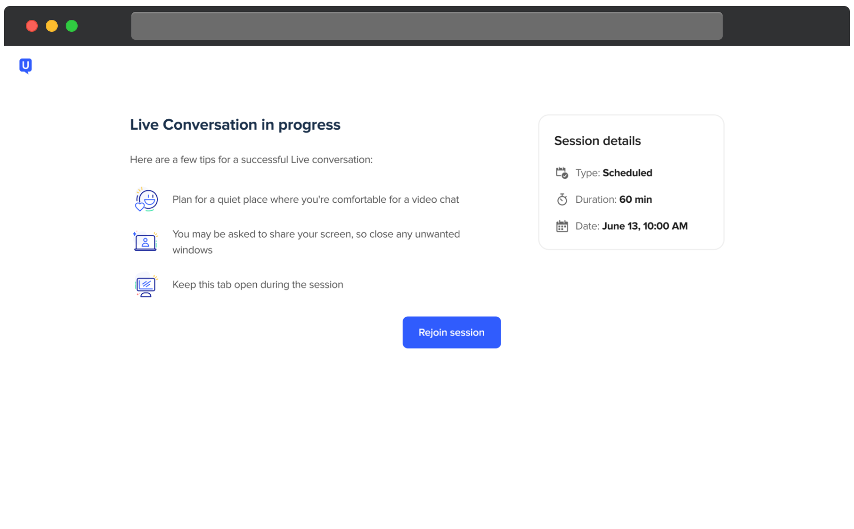 UserTesting Bildschirm zeigt, dass ein Live-Interview läuft. Es enthält Tipps zur Teilnahme und zeigt eine Schaltfläche ‚Sitzung erneut beitreten‘. Ein Seitenpanel zeigt Sitzungsdetails wie Sitzungsart, Dauer sowie Datum und Uhrzeit.
