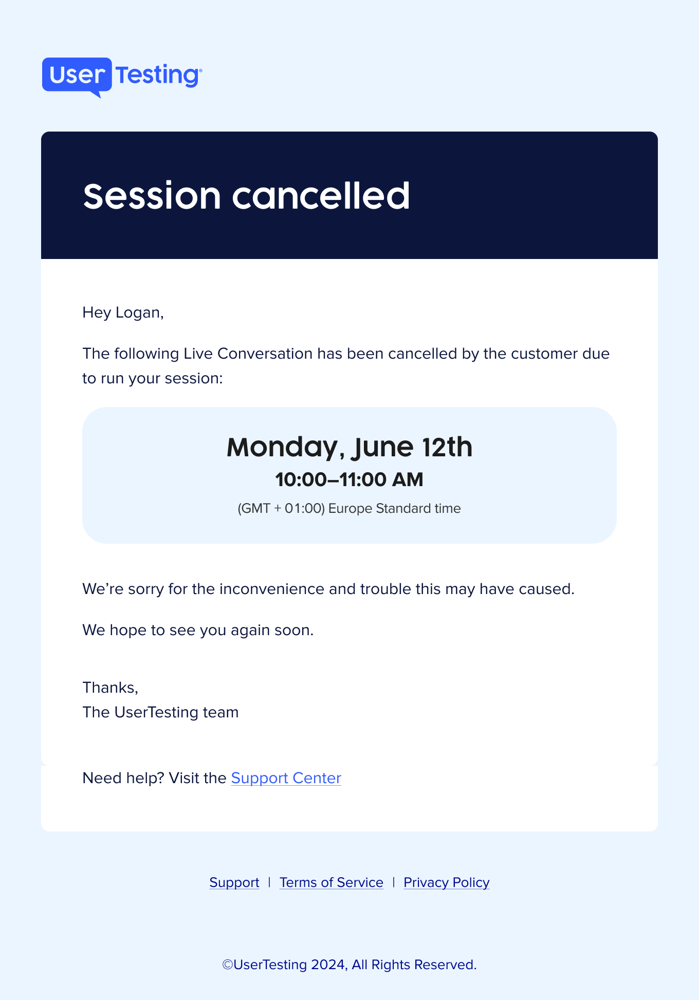 Email fra UserTesting, der informerer deltageren om, at en Live-samtale-session er blevet annulleret af kunden. Den viser den annullerede sessions dato og tidspunkt og indeholder en besked, der undskylder ulejligheden.