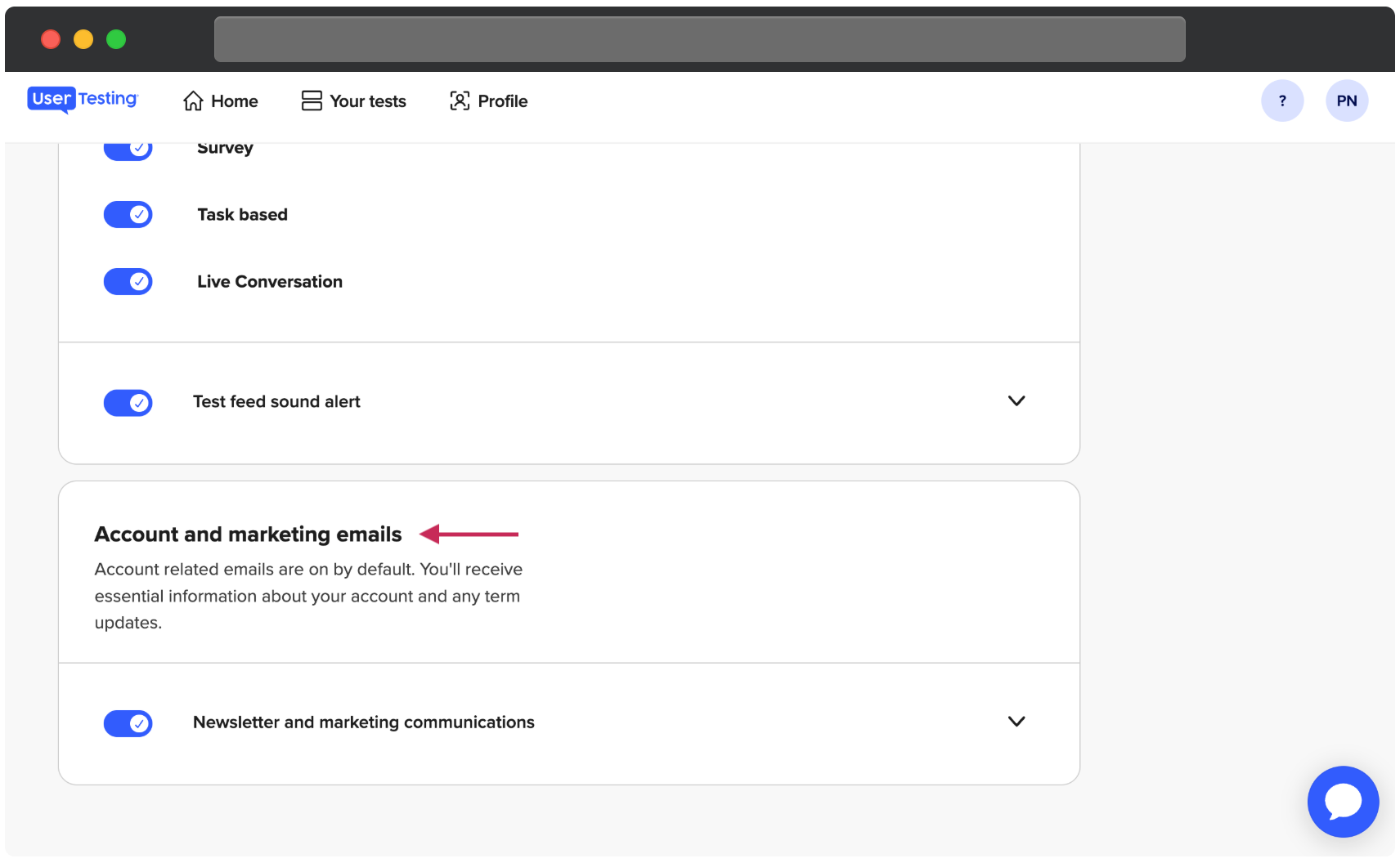 Instellingenpagina met sectie e-mailvoorkeuren getiteld E-mails over je account en marketing, met opties voor nieuwsbrief en marketingberichten ingeschakeld.
