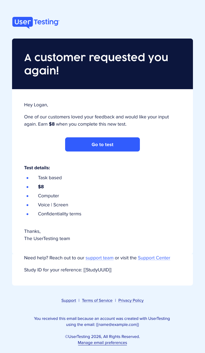 E-mail van UserTesting waarin de deelnemer wordt geïnformeerd dat een klant hun feedback opnieuw heeft gevraagd voor een nieuwe taakgebaseerde test. De e-mail bevat een knop Naar de test en testdetails zoals het bedrag van de betaling, het apparaattype, deelname met stem en scherm, en vertrouwelijkheidsvoorwaarden.