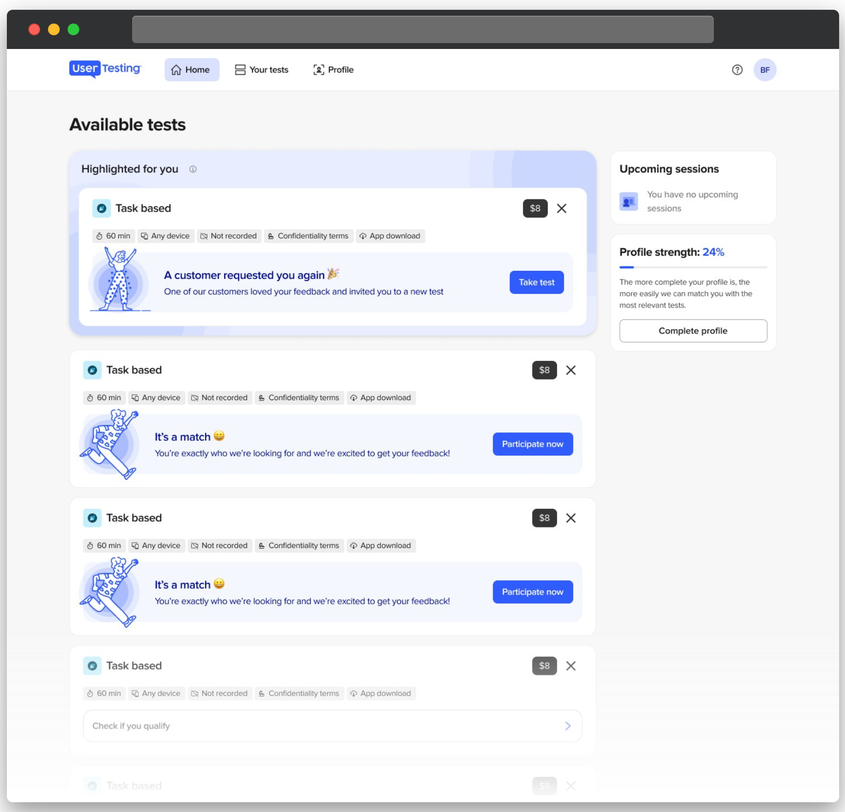 UserTesting-instrumentpanel som visar flera tillgängliga test baserade på uppgifter, inklusive markerade inbjudningar och matchade möjligheter.