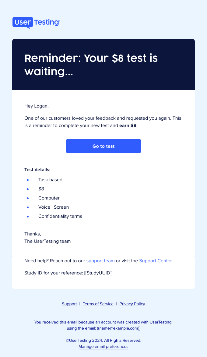 E-mail de rappel de UserTesting informant le participant qu’un test basé sur des tâches est toujours disponible. L’e-mail inclut un bouton Accéder au test et des détails sur les exigences du test, notamment l’utilisation d’un ordinateur, la participation vocale et écran, ainsi que les conditions de confidentialité.