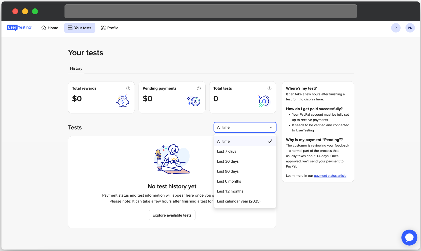Page de l’historique de vos tests affichant les tuiles récapitulatives du total des récompenses, des paiements en attente et du total des tests, avec le menu déroulant du filtre de date ouvert montrant les options incluant Tout le temps, 7 derniers jours, 30 derniers jours, 90 derniers jours, 6 derniers mois, 12 derniers mois et l’année civile dernière