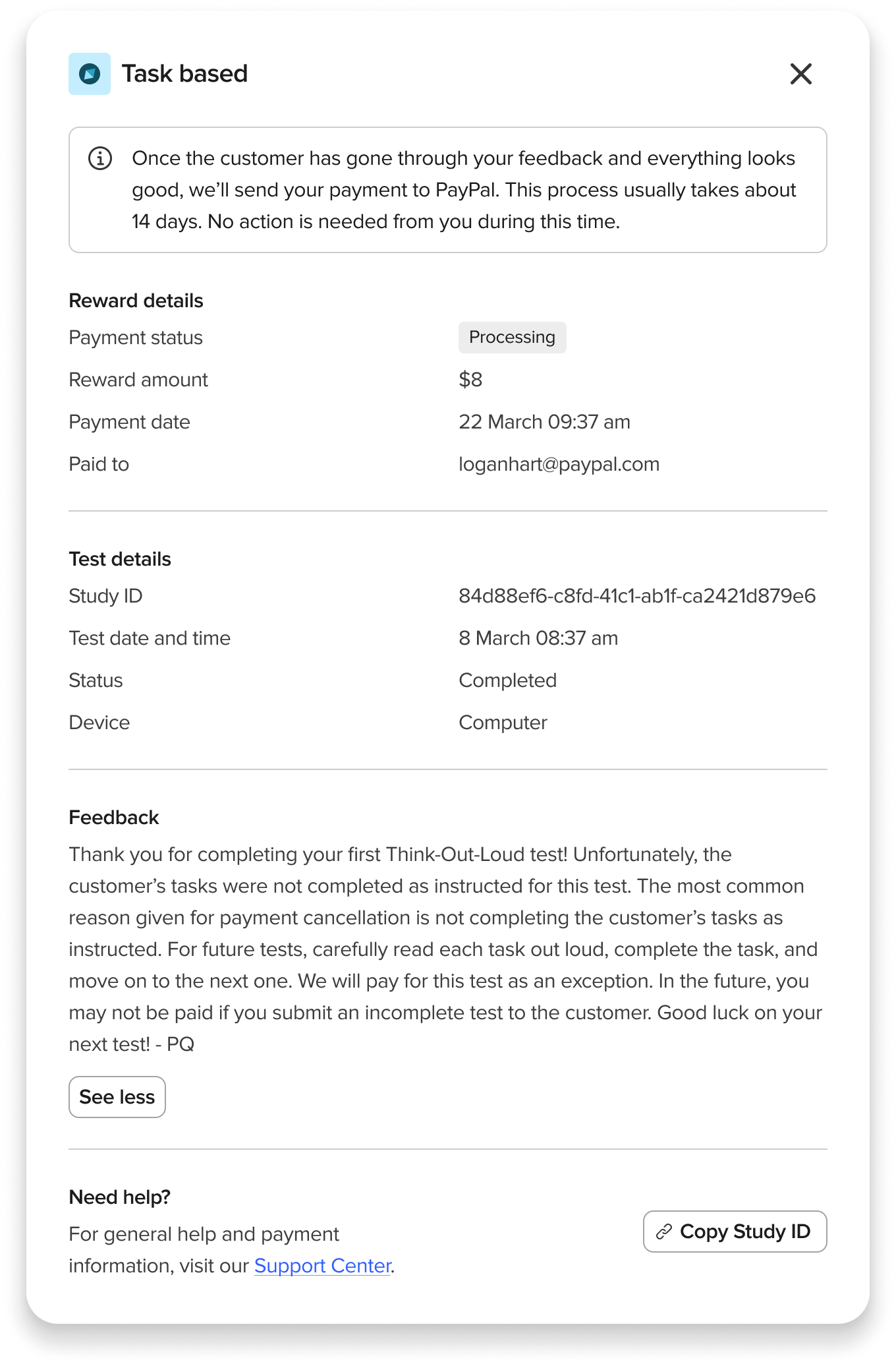 Testdetail-Panel für einen Task-basierten Test mit Belohnungsdetails einschließlich Zahlungsstatus und Betrag, Testdetails wie Studien-ID und Gerät sowie einem Feedback-Bereich mit Coaching vom Qualitätsteam
