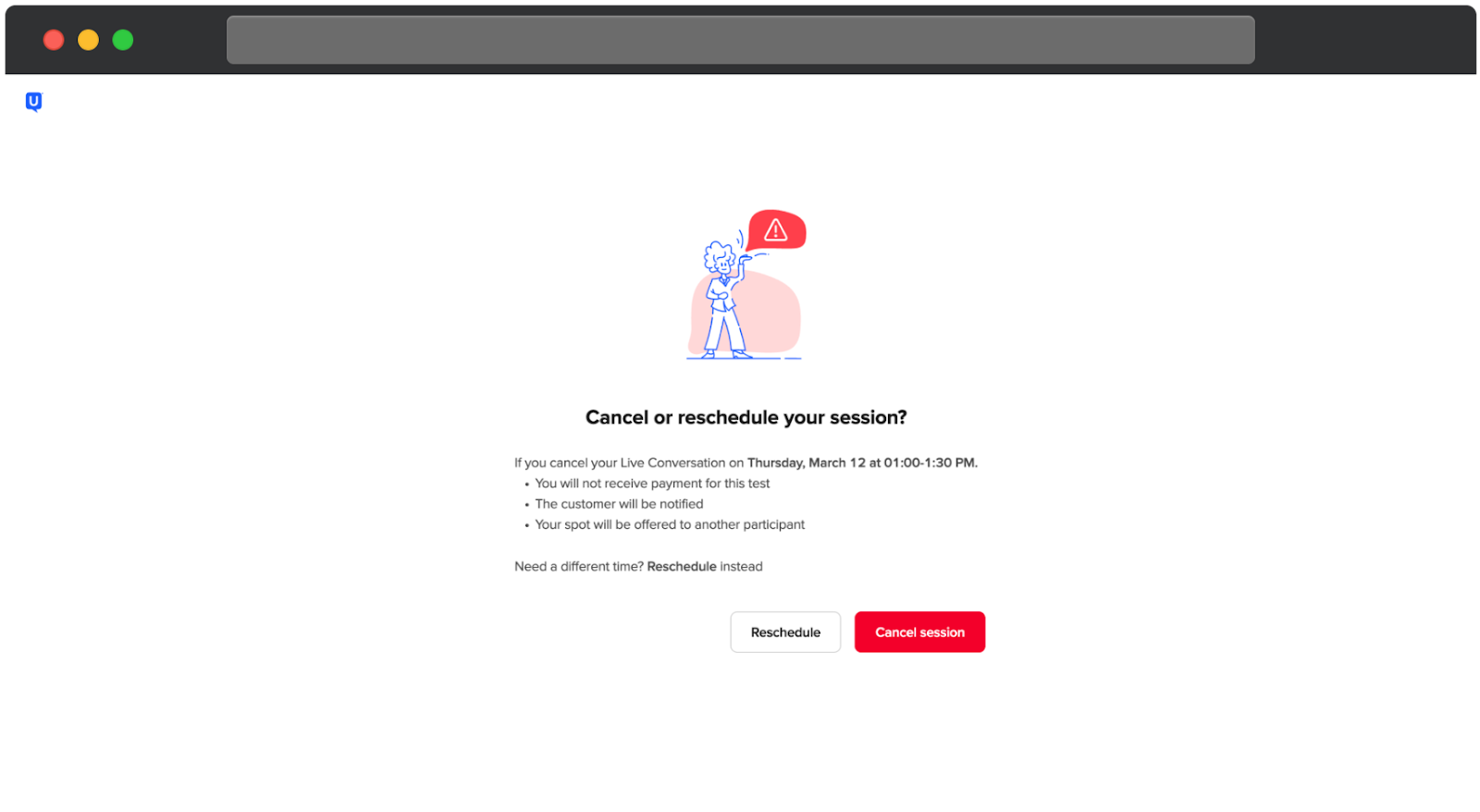 UserTesting-scherm met de vraag of je een Live gesprek wilt annuleren of verzetten. Het bericht legt uit dat annuleren betekent dat je geen betaling ontvangt, de klant wordt geïnformeerd en de plek aan een andere deelnemer wordt aangeboden. Onderaan staan twee knoppen: Verzetten en Sessie annuleren.