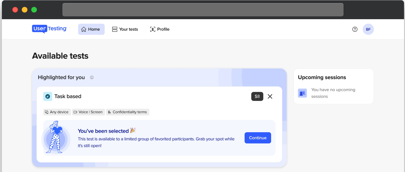 UserTesting dashboard viser en opgavebaseret test i sektionen Fremhævet til dig med en besked om, at du er blevet udvalgt, og en knap til at fortsætte.