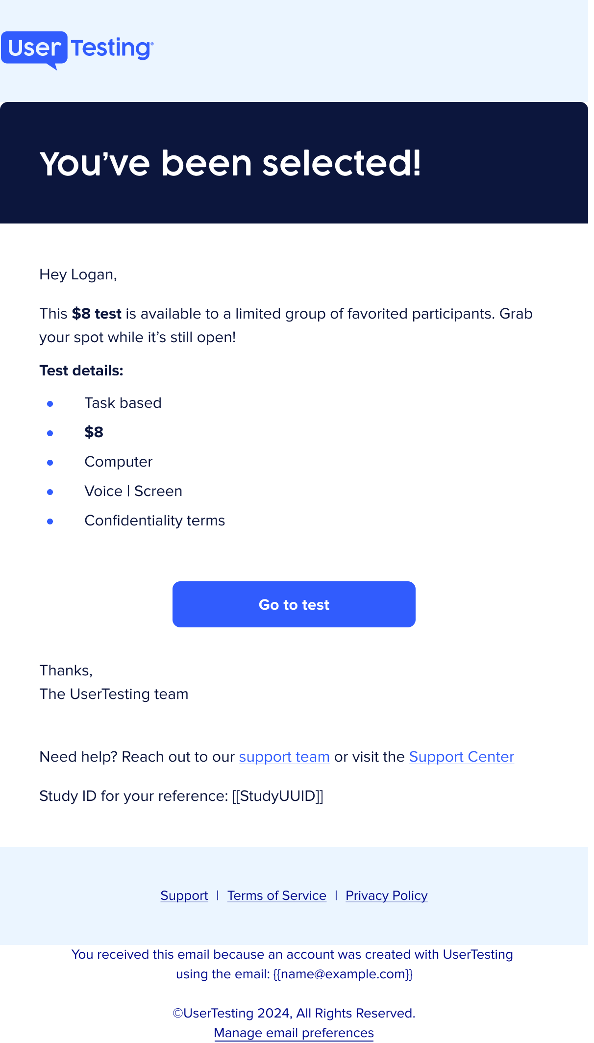 E-Mail von UserTesting, die den Teilnehmenden darüber informiert, dass sie für einen neuen aufgabenbasierten test ausgewählt wurden. Die E-Mail enthält einen Zum test-Button und Details zum test wie Vergütung, Gerätetyp, Teilnahme mit Stimme und Bildschirm sowie Vertraulichkeitsbedingungen.