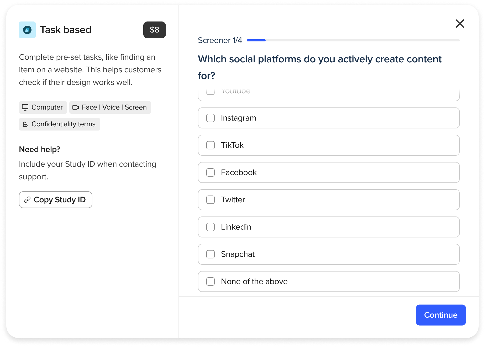 UserTesting screener som visar en flervalsfråga om vilka sociala plattformar deltagaren aktivt skapar innehåll för, med alternativ som Instagram, TikTok, Facebook, Twitter, LinkedIn, Snapchat och Inget av ovanstående.