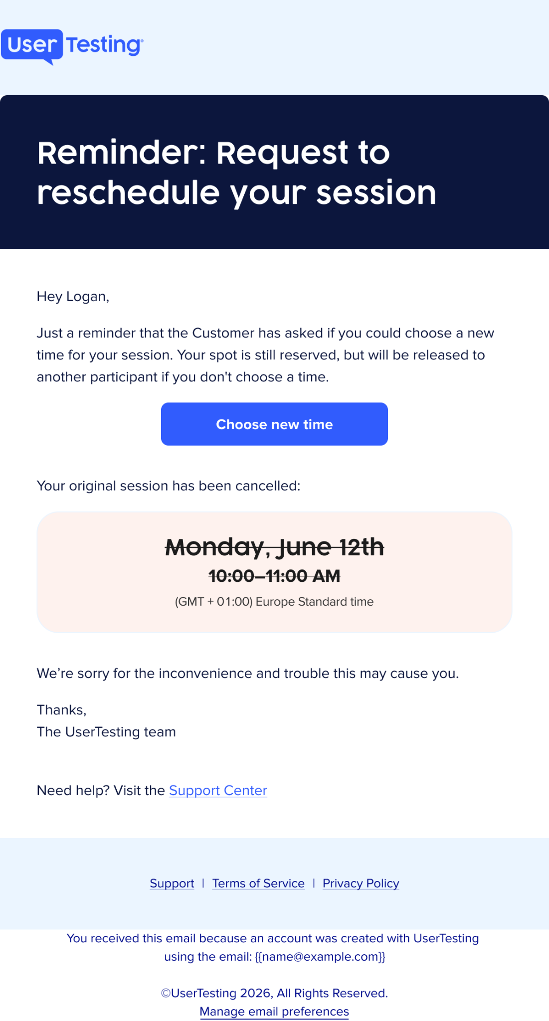 Email de rappel pour une demande de reprogrammation de Conversation en direct en attente