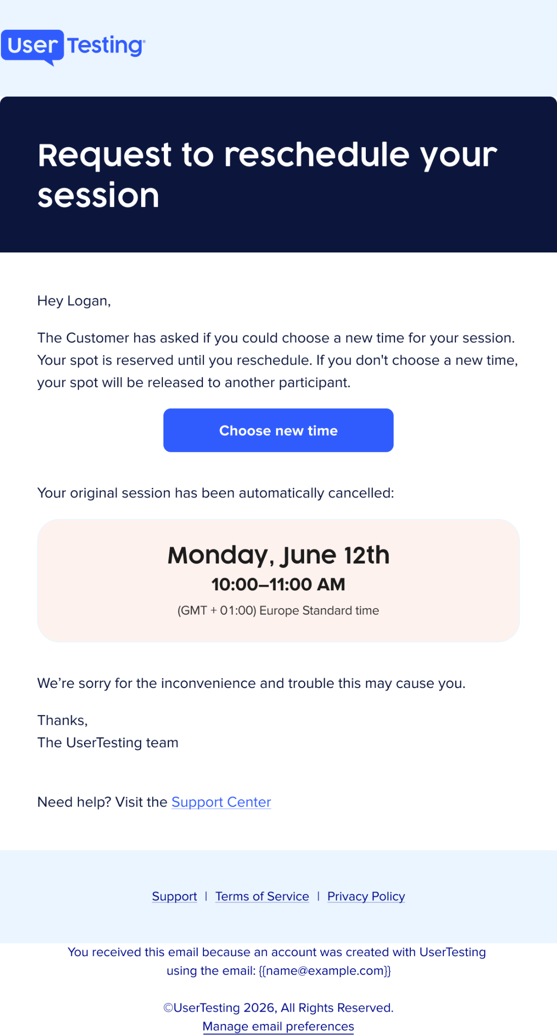 Correo de solicitud de reprogramación mostrando detalles de la sesión y un botón Elige una nueva hora