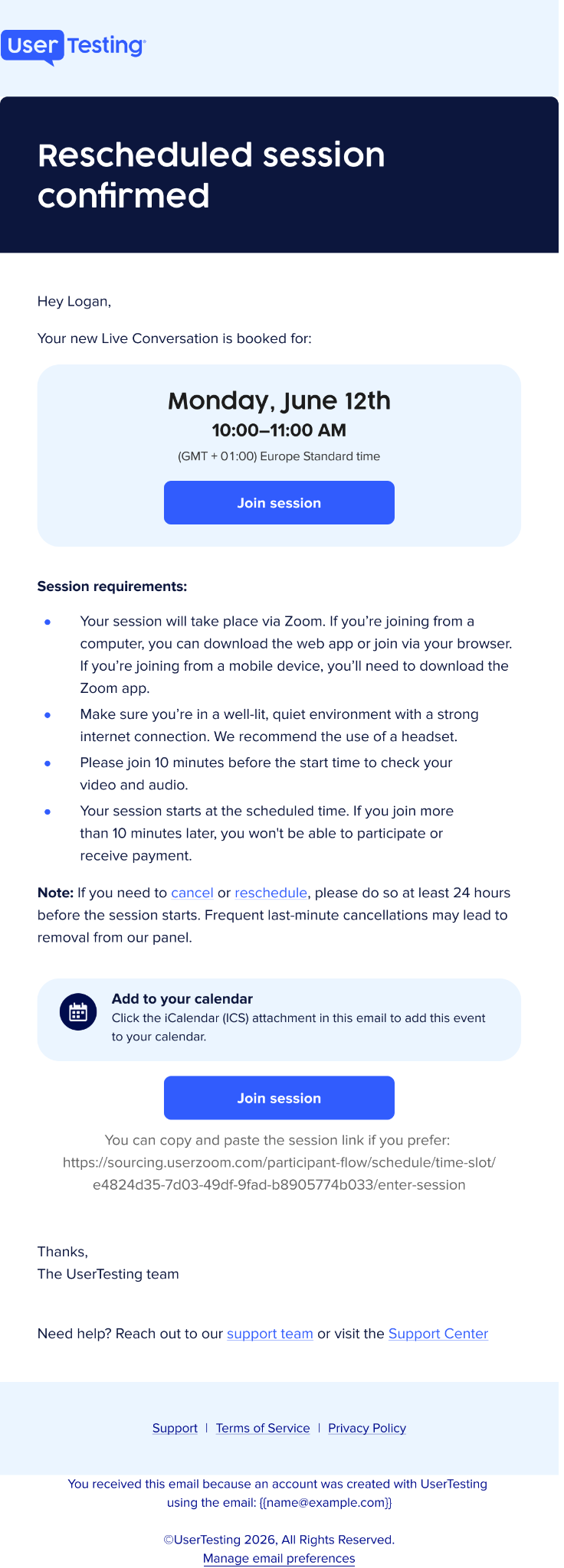 Invitación de calendario recibida tras confirmar una nueva hora para la Live Conversation