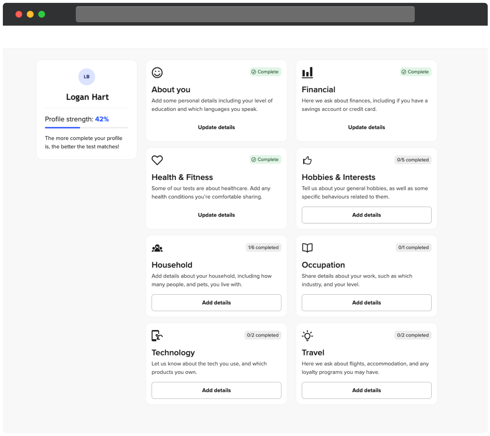 UserTesting deltagerdashboard, der viser Profil-sektionen. Til venstre viser profilkortet brugerens navn, Logan Hart, med en profilstyrke på 42 procent og en fremdriftslinje. Til højre indeholder siden sektioner for Om dig, Sundhed og fitness, Finansiel, Hobbyer og interesser, Husholdning, Beskæftigelse, Teknologi og Rejser. Hver sektion viser fremdriftsindikatorer som Færdig eller delvist færdig (f.eks. 1/6 færdig for Husholdning). Der er muligheder for at Tilføje oplysninger eller Opdatere oplysninger. Layoutet fremhæver profilens fuldstændighed og områder, der kræver opdatering.