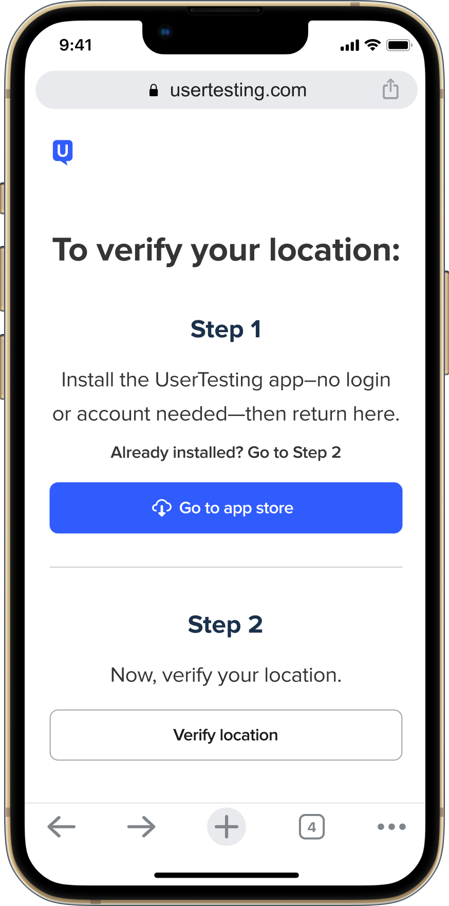 Instructies voor de deelnemer om de UserTesting-app te installeren en vervolgens terug te keren om hun locatie te verifiëren
