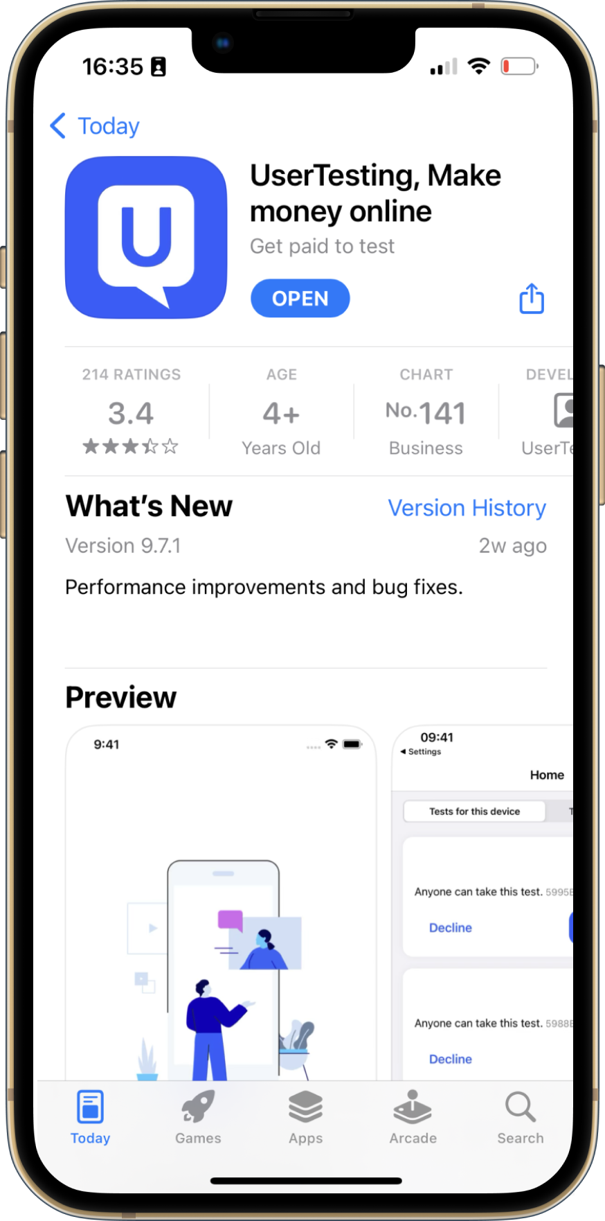 App store vermelding van de UserTesting-app