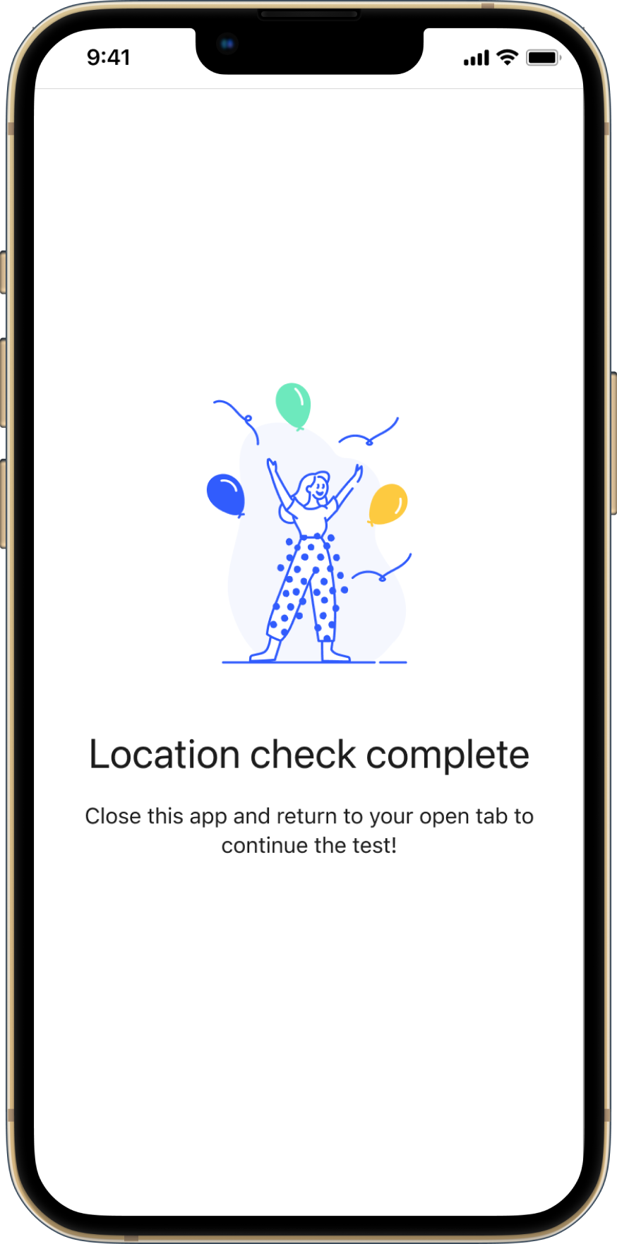 Bevestiging dat de locatiecontrole is voltooid, met de instructie aan de deelnemer om de app te sluiten en terug te keren naar het geopende tabblad