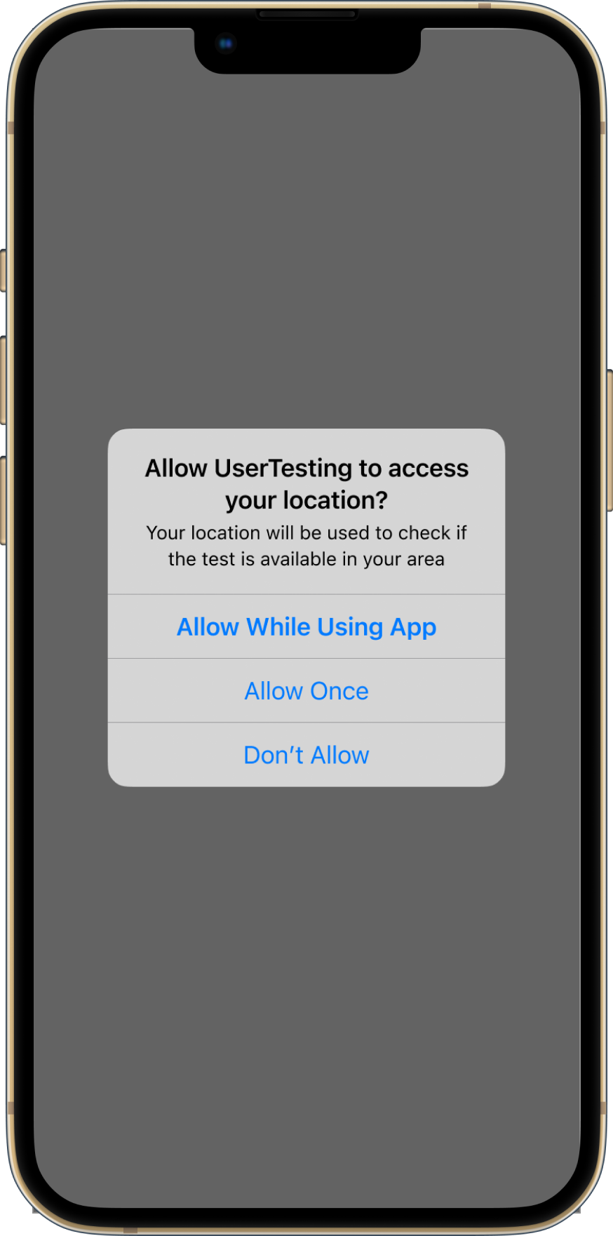 Systeemprompt die de deelnemer vraagt UserTesting toegang te geven tot hun locatie tijdens het gebruik van de app