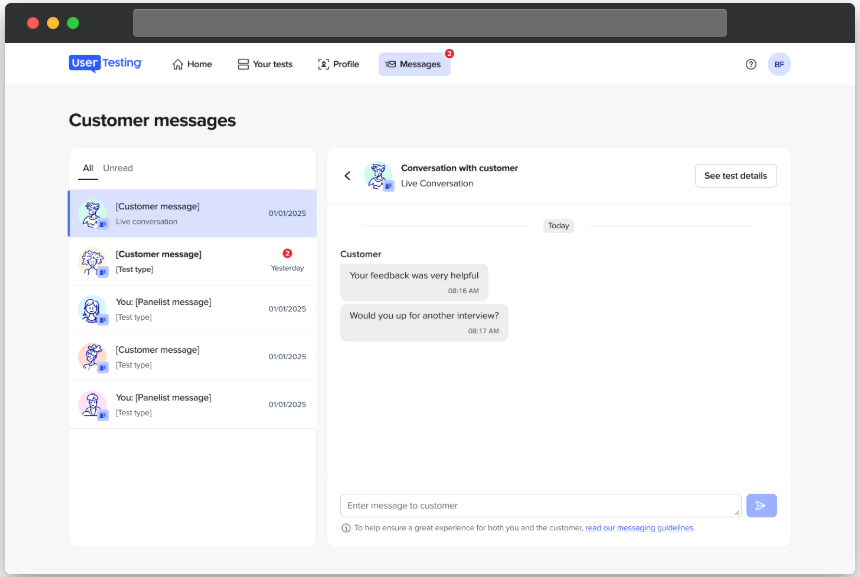 Messages inbox showing a customer message during a Live Conversation test